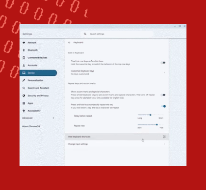 A dialog box appears on a computer screen showing keyboard settings, with options to create customized keyboard shortcuts.