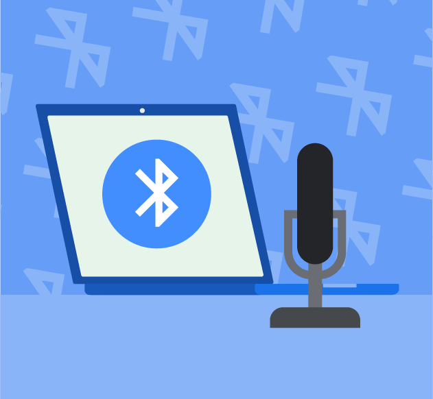 An open laptop sits next to a standing microphone on a blue desk with a blue background. On the laptop, a blue Bluetooth logo appears on a white screen.