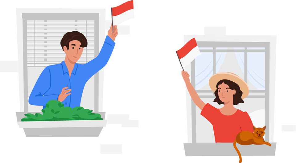 Seorang laki-laki dan perempuan mengibarkan bendera Indonesia dari jendela rumah mereka.