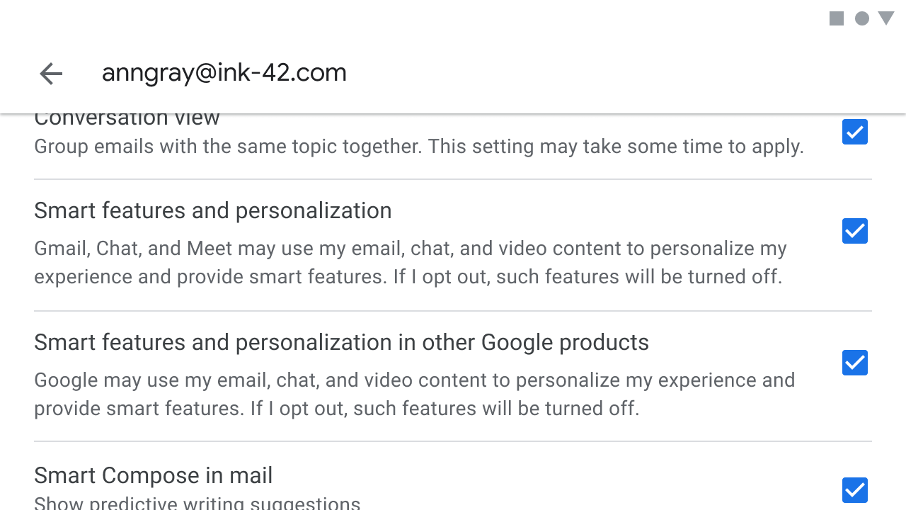 Smart features and personalization settings in Gmail settings