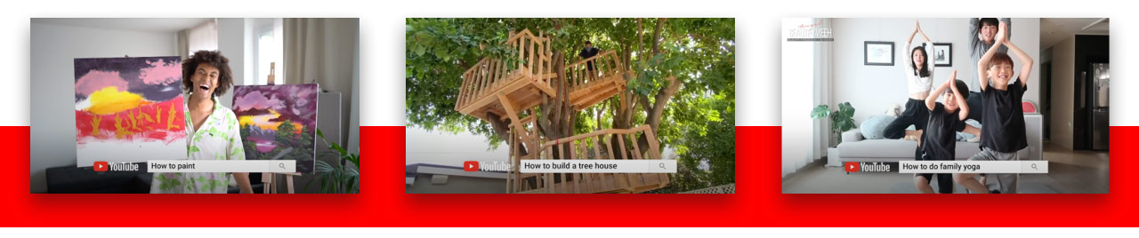 3 still shots of YouTube videos: How to paint, build a treehouse, and do family yoga