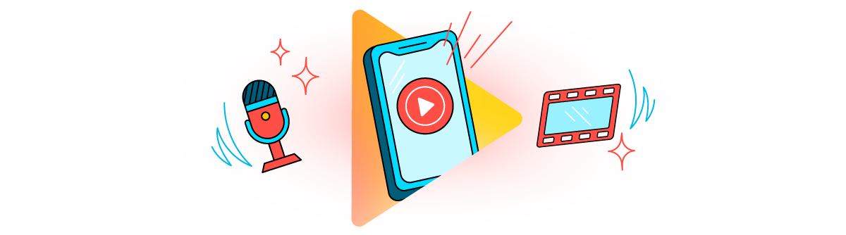 Colorful illustration of a microphone, film reel, and a smartphone with a large play button on top  