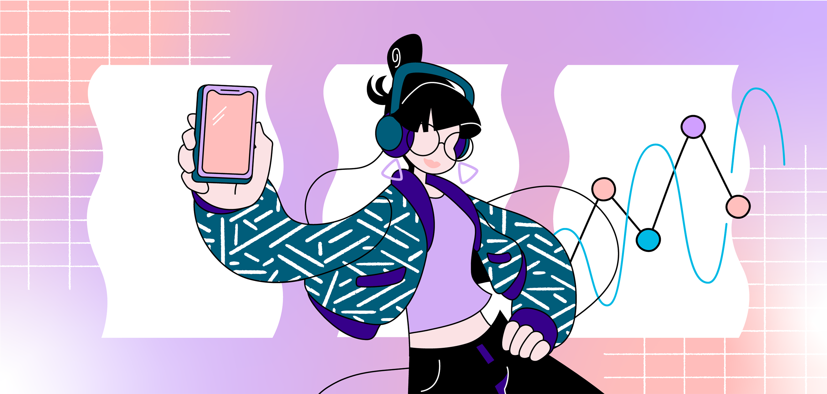 A creator wearing headphones, 1 hand on their hip, the other holding up a phone.  